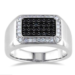 New Men 925 Silver White & Black Sapphire Ring